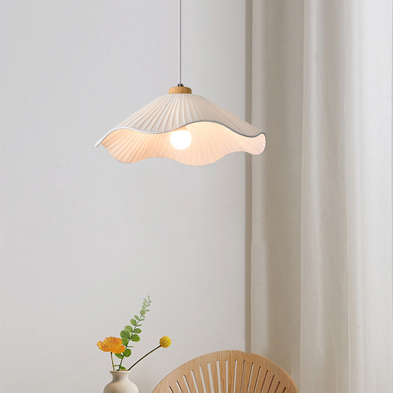 Modern Minimalist Iron, Wood & Fabric Curved Cone 1-Light Pendant Light For Bedroom, Hallway, And Living Room