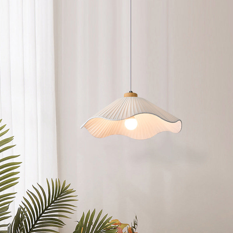 Modern Minimalist Iron, Wood & Fabric Curved Cone 1-Light Pendant Light For Bedroom, Hallway, And Living Room