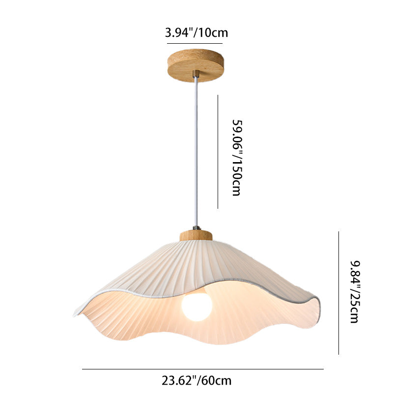 Modern Minimalist Iron, Wood & Fabric Curved Cone 1-Light Pendant Light For Bedroom, Hallway, And Living Room