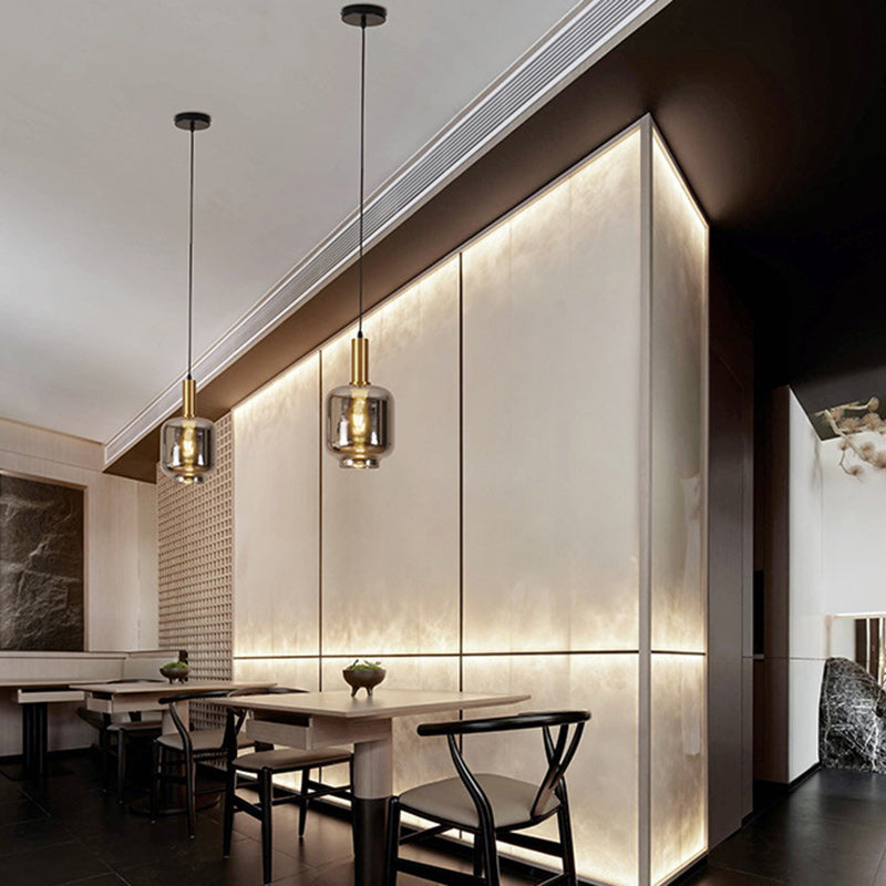 Contemporain nordique métal et verre cylindrique 1-lumière suspension pour salle à manger, chambre et salon 