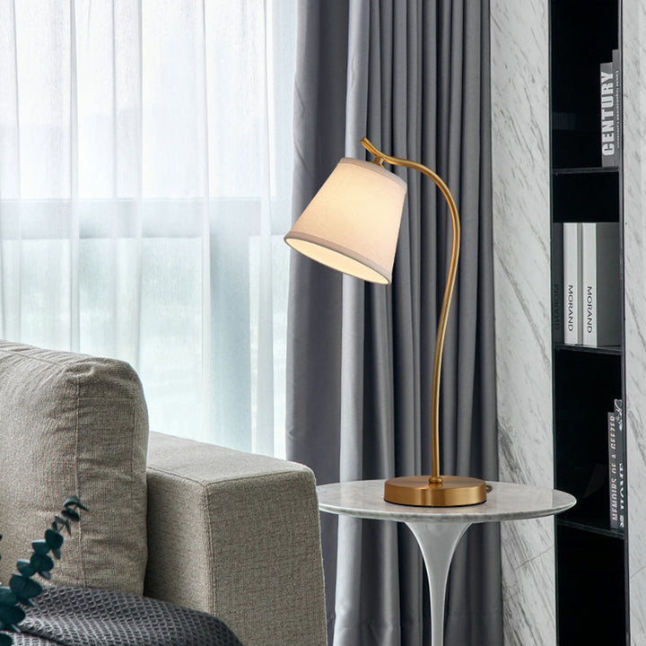 Modern Minimalist Brass &amp; Fabric Round 1-Light Table Lamp For Bedroom And Living Room