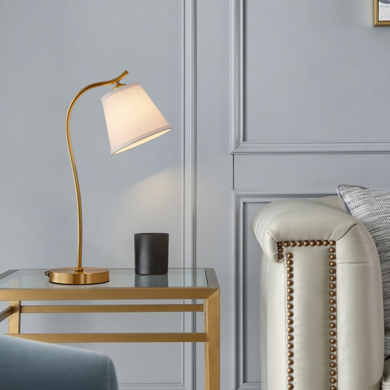 Modern Minimalist Brass &amp; Fabric Round 1-Light Table Lamp For Bedroom And Living Room