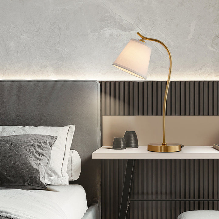 Modern Minimalist Brass &amp; Fabric Round 1-Light Table Lamp For Bedroom And Living Room