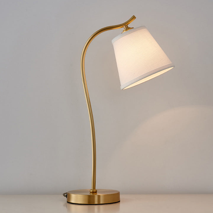 Modern Minimalist Brass &amp; Fabric Round 1-Light Table Lamp For Bedroom And Living Room