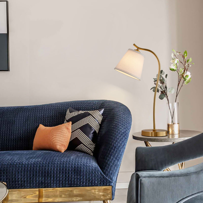 Modern Minimalist Brass &amp; Fabric Round 1-Light Table Lamp For Bedroom And Living Room