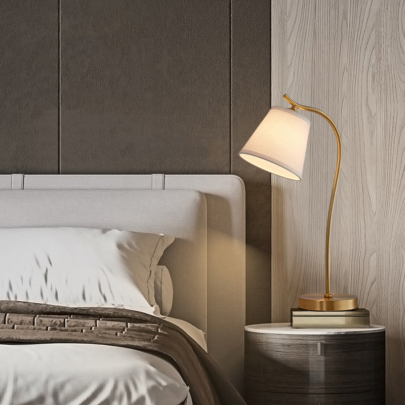 Modern Minimalist Brass &amp; Fabric Round 1-Light Table Lamp For Bedroom And Living Room