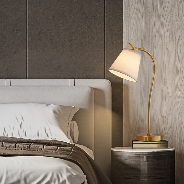 Modern Minimalist Brass &amp; Fabric Round 1-Light Table Lamp For Bedroom And Living Room