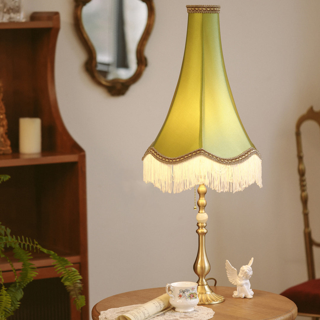 Traditional Vintage Brass &amp; Fabric Conical 1-Light Table Lamp For Bedroom And Living Room