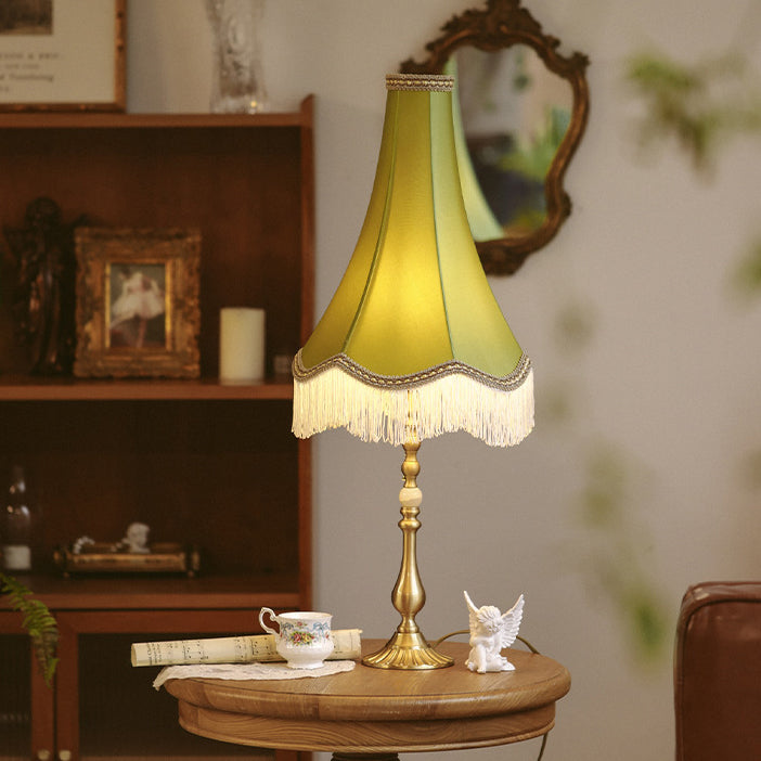 Traditional Vintage Brass &amp; Fabric Conical 1-Light Table Lamp For Bedroom And Living Room