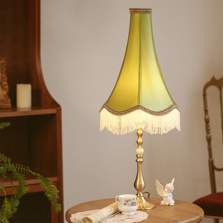 Traditional Vintage Brass &amp; Fabric Conical 1-Light Table Lamp For Bedroom And Living Room