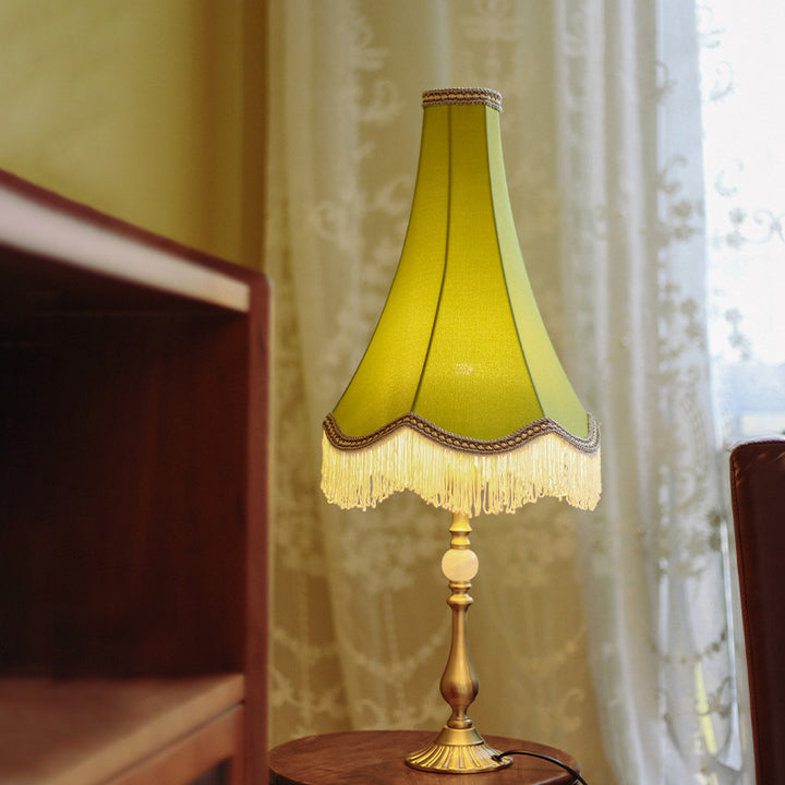 Traditional Vintage Brass &amp; Fabric Conical 1-Light Table Lamp For Bedroom And Living Room