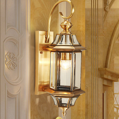 Applique Murale Étanche Traditionnelle Européenne En Laiton Et Verre Polygonal À 1 Lumière Pour Chambre, Patio Et Jardin 