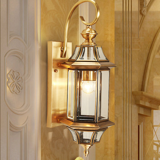 Applique Murale Étanche Traditionnelle Européenne En Laiton Et Verre Polygonal À 1 Lumière Pour Chambre, Patio Et Jardin 