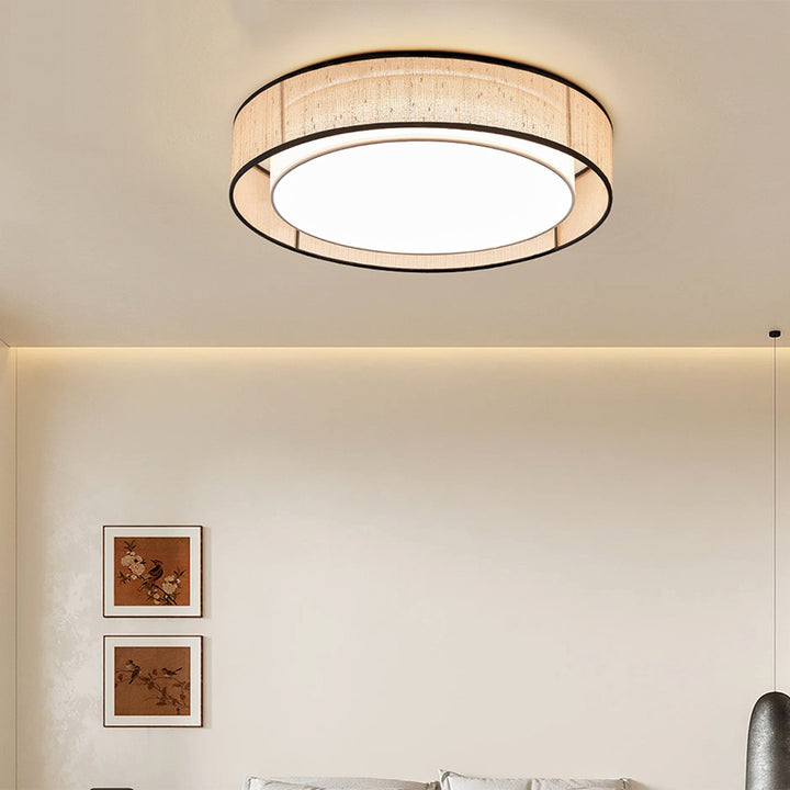 Traditional Japanese Alloy, Plant Fiber & Acrylic Round LED Flush Mount Ceiling Light For Bedroom, Living Room & Dining Room