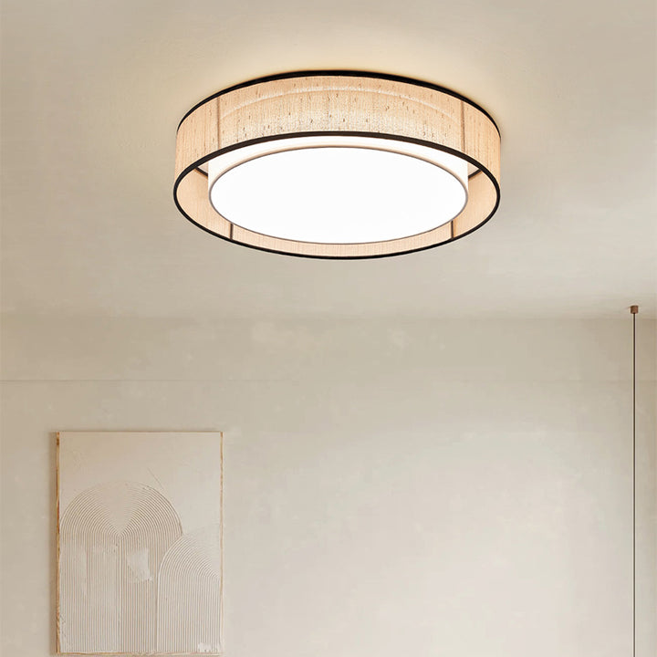 Traditional Japanese Alloy, Plant Fiber & Acrylic Round LED Flush Mount Ceiling Light For Bedroom, Living Room & Dining Room