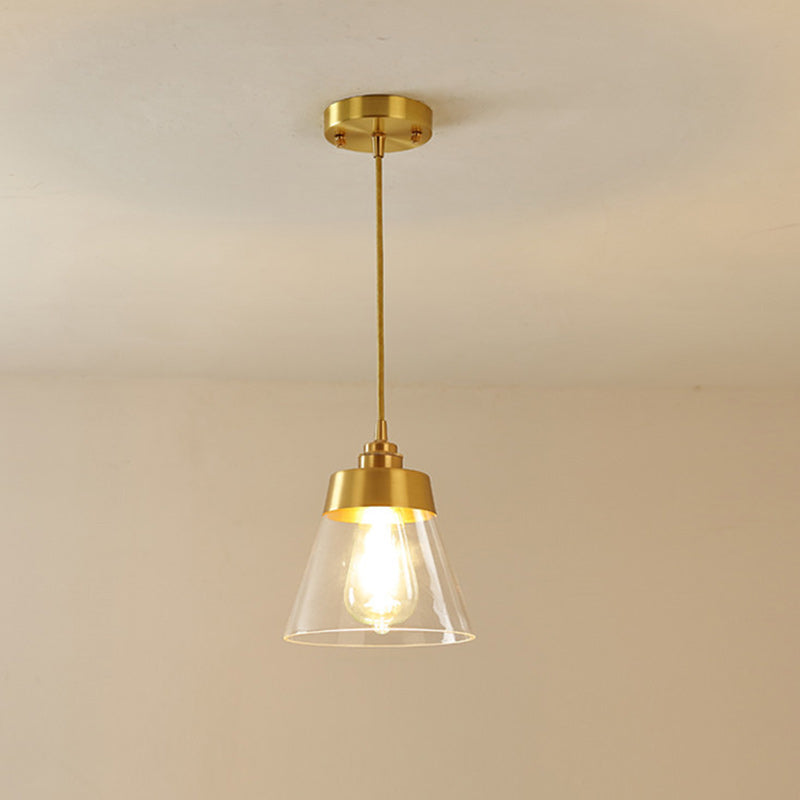 Lámpara colgante cónica de 1 luz de vidrio y latón nórdico contemporáneo para dormitorio, sala de estar y comedor 