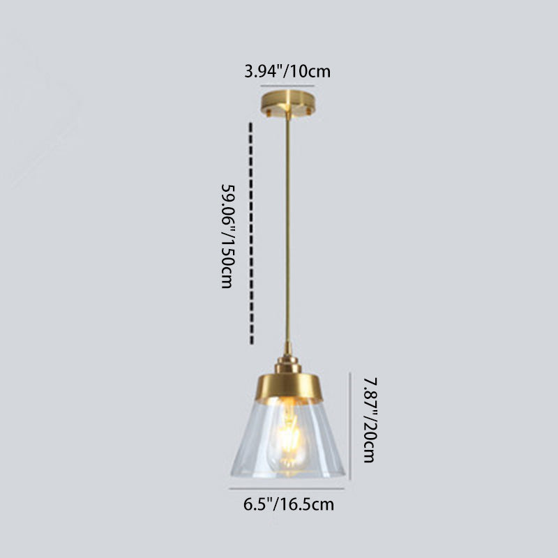 Lámpara colgante cónica de 1 luz de vidrio y latón nórdico contemporáneo para dormitorio, sala de estar y comedor 