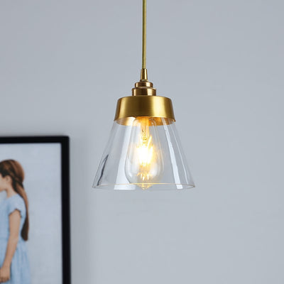 Lámpara colgante cónica de 1 luz de vidrio y latón nórdico contemporáneo para dormitorio, sala de estar y comedor 