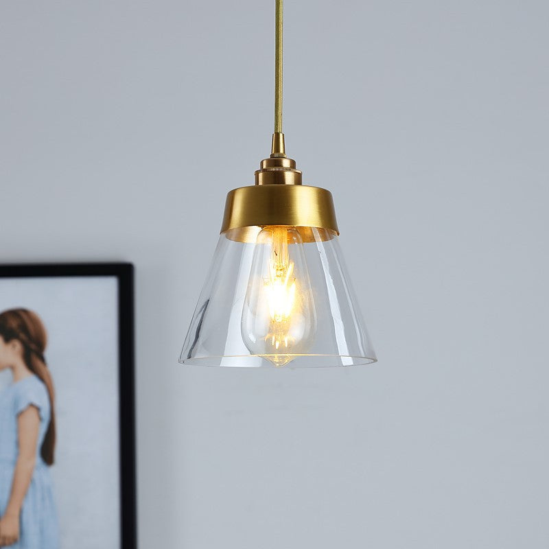 Lámpara colgante cónica de 1 luz de vidrio y latón nórdico contemporáneo para dormitorio, sala de estar y comedor 