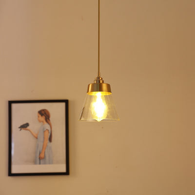 Lámpara colgante cónica de 1 luz de vidrio y latón nórdico contemporáneo para dormitorio, sala de estar y comedor 