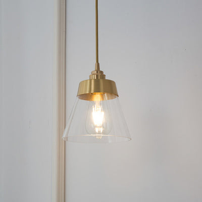 Lámpara colgante cónica de 1 luz de vidrio y latón nórdico contemporáneo para dormitorio, sala de estar y comedor 