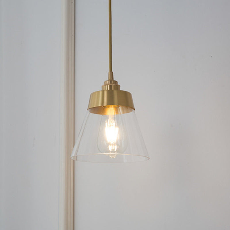 Lámpara colgante cónica de 1 luz de vidrio y latón nórdico contemporáneo para dormitorio, sala de estar y comedor 