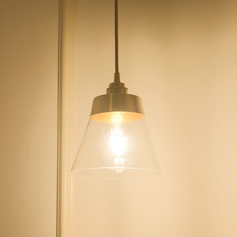 Lámpara colgante cónica de 1 luz de vidrio y latón nórdico contemporáneo para dormitorio, sala de estar y comedor 