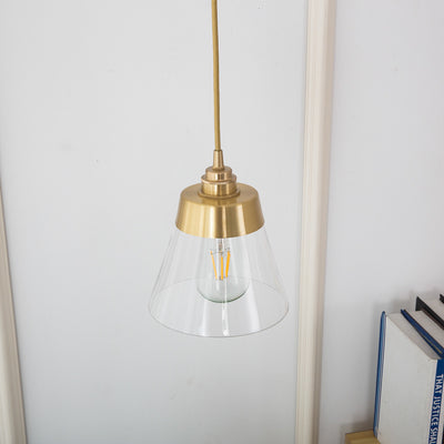 Lámpara colgante cónica de 1 luz de vidrio y latón nórdico contemporáneo para dormitorio, sala de estar y comedor 