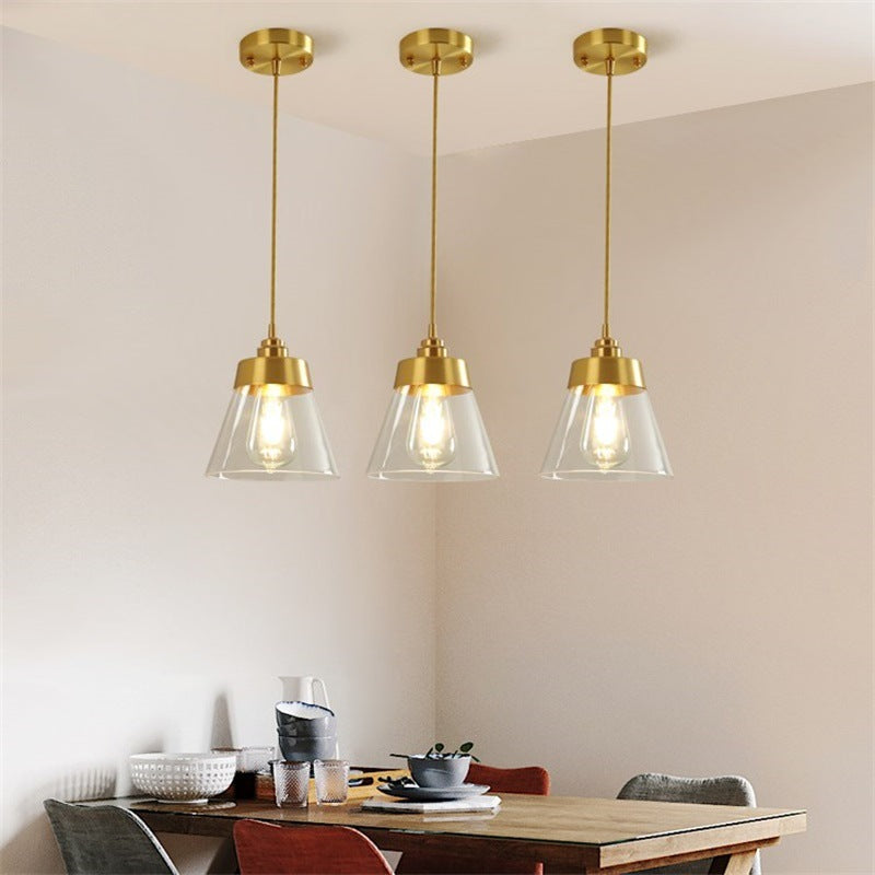 Lámpara colgante cónica de 1 luz de vidrio y latón nórdico contemporáneo para dormitorio, sala de estar y comedor 
