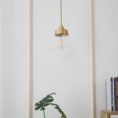 Lámpara colgante cónica de 1 luz de vidrio y latón nórdico contemporáneo para dormitorio, sala de estar y comedor 
