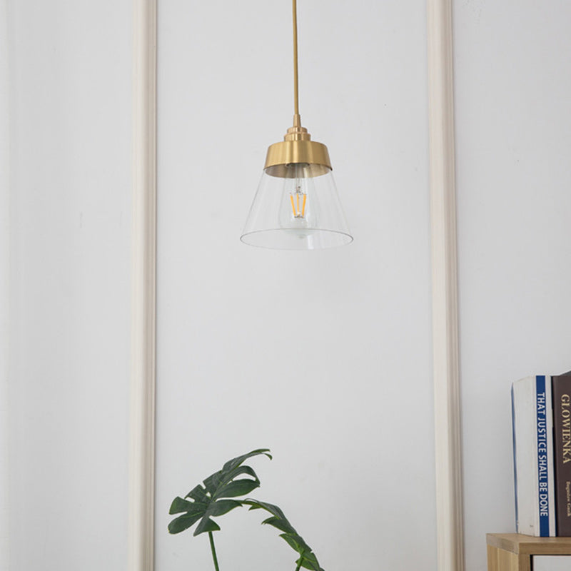 Lámpara colgante cónica de 1 luz de vidrio y latón nórdico contemporáneo para dormitorio, sala de estar y comedor 