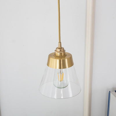 Lámpara colgante cónica de 1 luz de vidrio y latón nórdico contemporáneo para dormitorio, sala de estar y comedor 