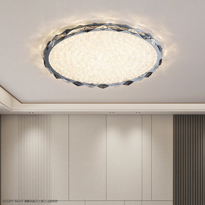 Modern Luxury Crystal &amp; Metal Round LED Flush Mount Ceiling Light For Bedroom &amp; Living Room