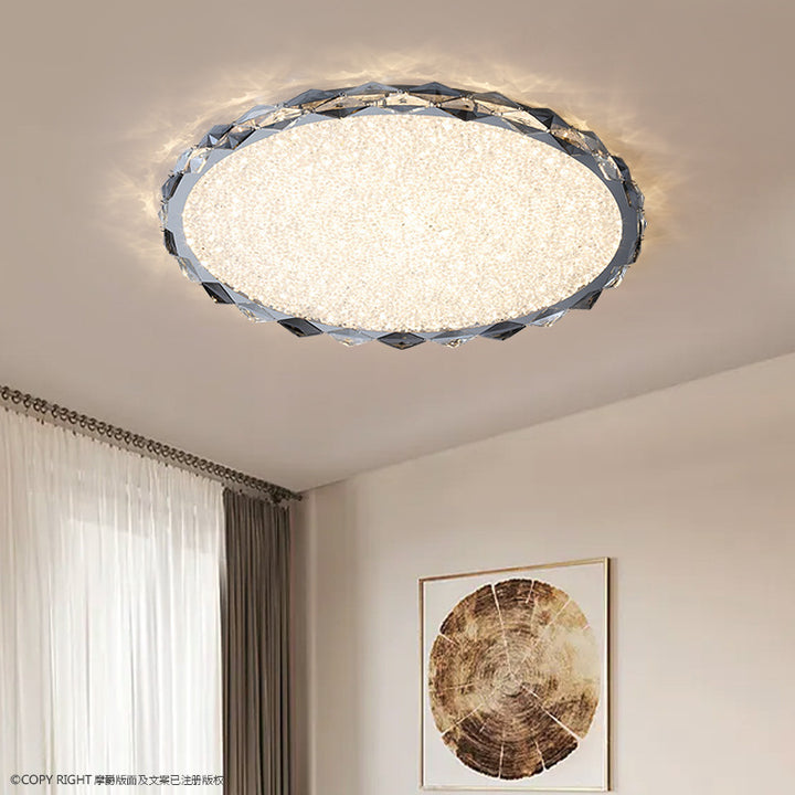 Modern Luxury Crystal &amp; Metal Round LED Flush Mount Ceiling Light For Bedroom &amp; Living Room