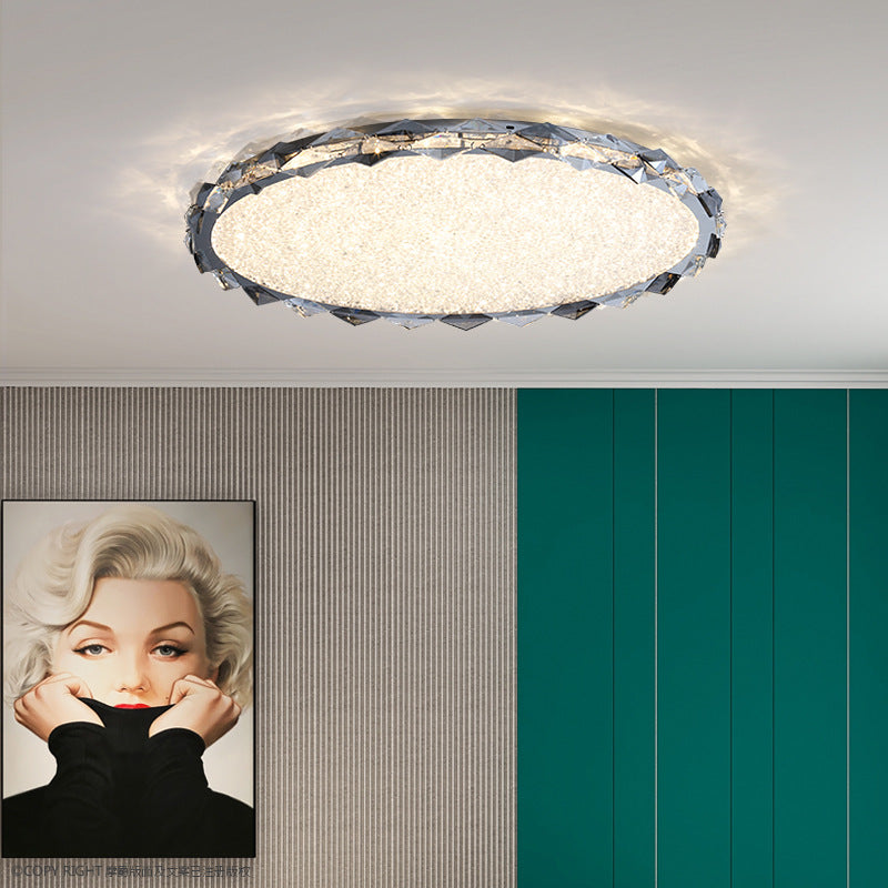 Modern Luxury Crystal &amp; Metal Round LED Flush Mount Ceiling Light For Bedroom &amp; Living Room