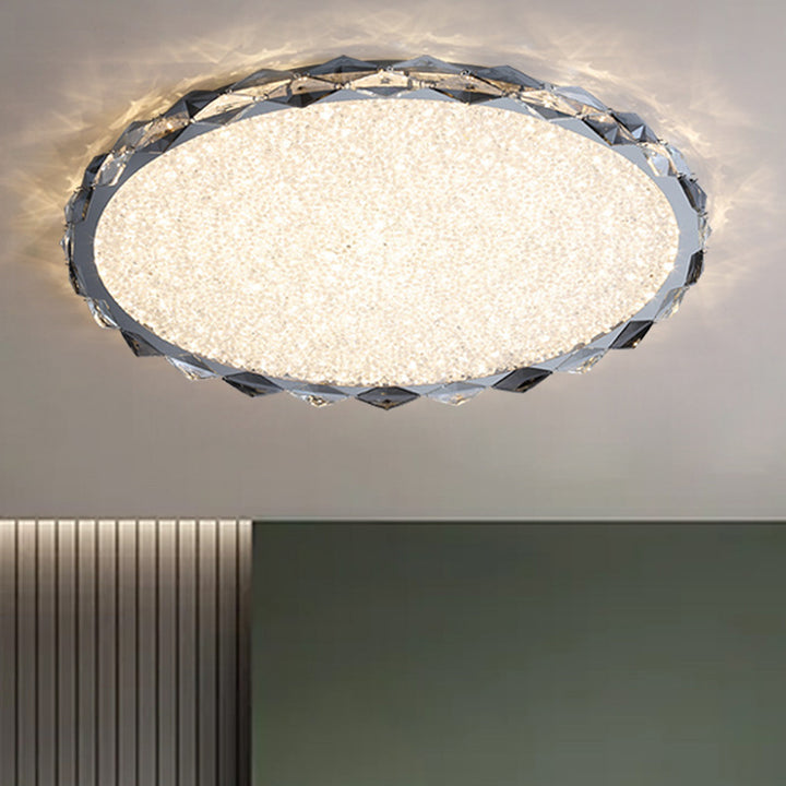 Modern Luxury Crystal &amp; Metal Round LED Flush Mount Ceiling Light For Bedroom &amp; Living Room