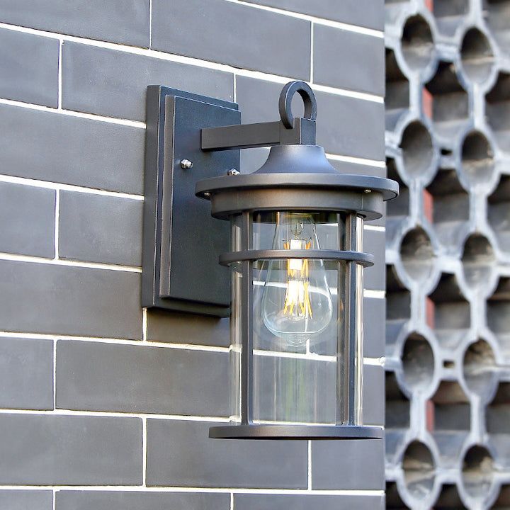 Traditional Rustic Waterproof Cast Aluminum &amp; Glass Cylinder 1-Light Wall Sconce Lamp For Outdoor Patio &amp; Balcony