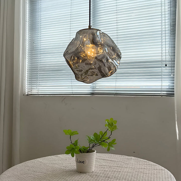 Traditional Japanese Glass & Iron Lava Ice Shape Irregular Round 1-Light Pendant Light For Bedroom, Living Room & Dining Room