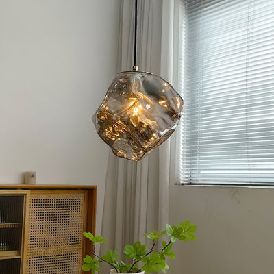 Traditionelles japanisches Glas & Eisen Lava Eis Form Unregelmäßiger Runder 1-Licht Pendelleuchte für Schlafzimmer, Wohnzimmer & Esszimmer 