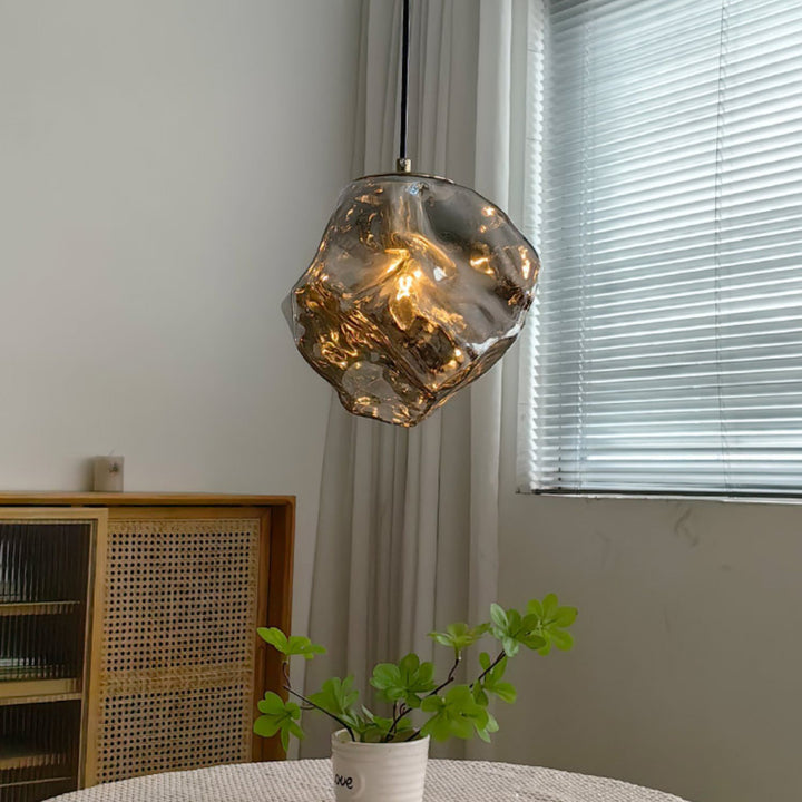 Traditional Japanese Glass & Iron Lava Ice Shape Irregular Round 1-Light Pendant Light For Bedroom, Living Room & Dining Room