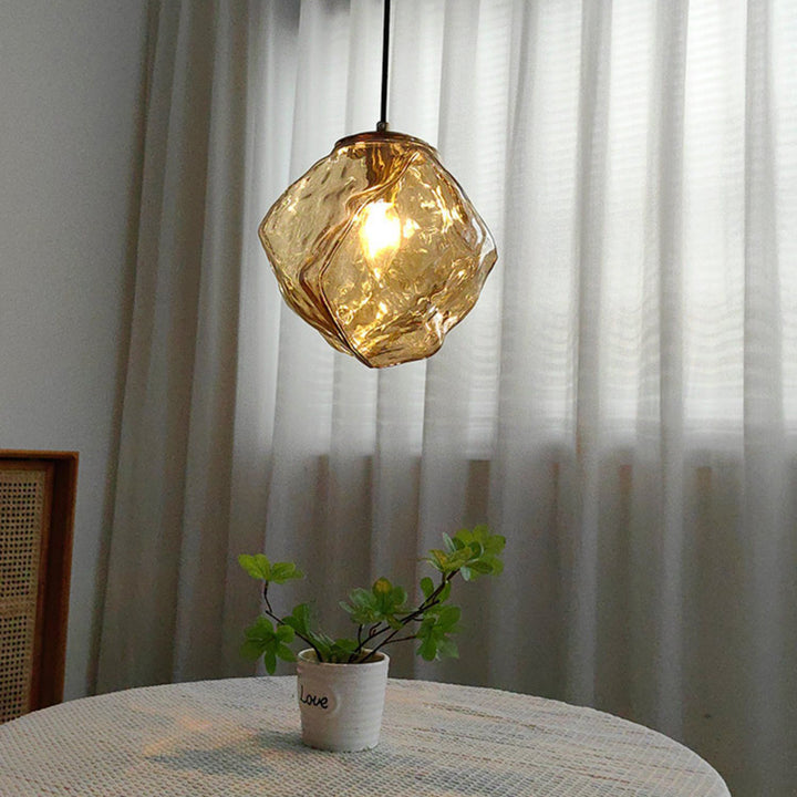 Traditional Japanese Glass & Iron Lava Ice Shape Irregular Round 1-Light Pendant Light For Bedroom, Living Room & Dining Room