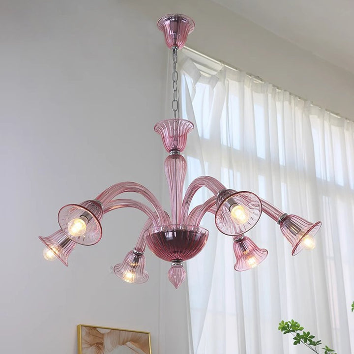 Traditional French Glass &amp; Iron Trumpet Branch 6-Light Chandelier For Living Room &amp; Bedroom