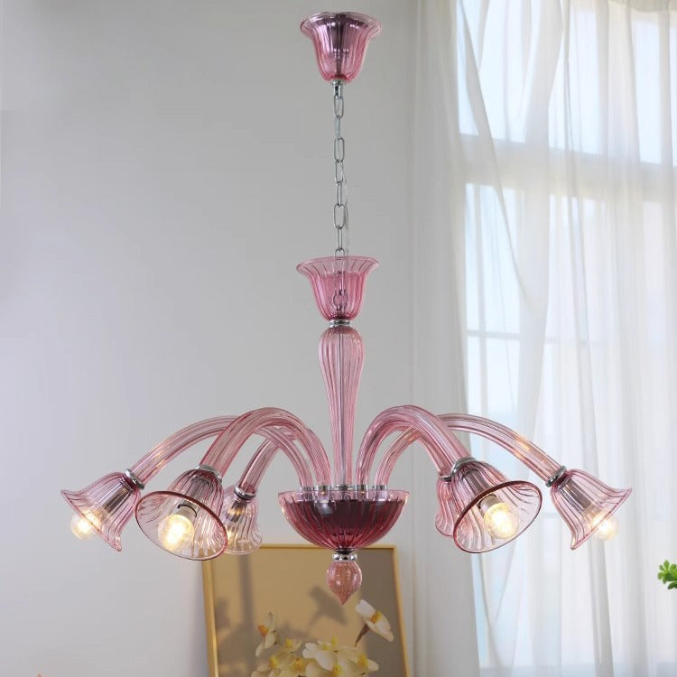 Traditional French Glass &amp; Iron Trumpet Branch 6-Light Chandelier For Living Room &amp; Bedroom