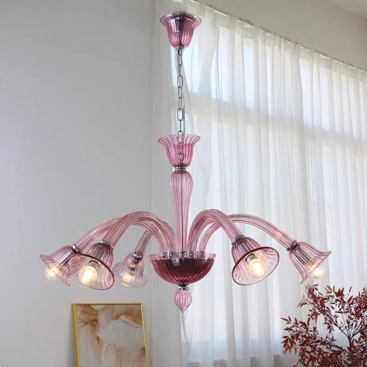 Traditioneller französischer Glas- und Eisen-Trompetenast 6-Licht-Kronleuchter für Wohn- und Schlafzimmer 