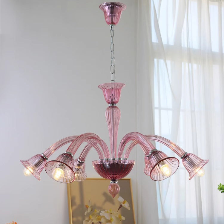 Traditional French Glass &amp; Iron Trumpet Branch 6-Light Chandelier For Living Room &amp; Bedroom