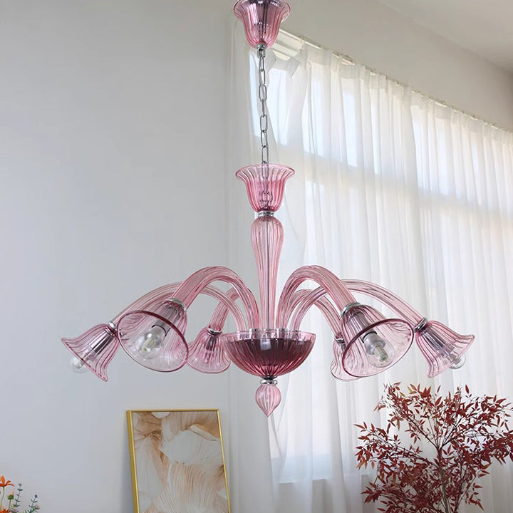Traditional French Glass &amp; Iron Trumpet Branch 6-Light Chandelier For Living Room &amp; Bedroom