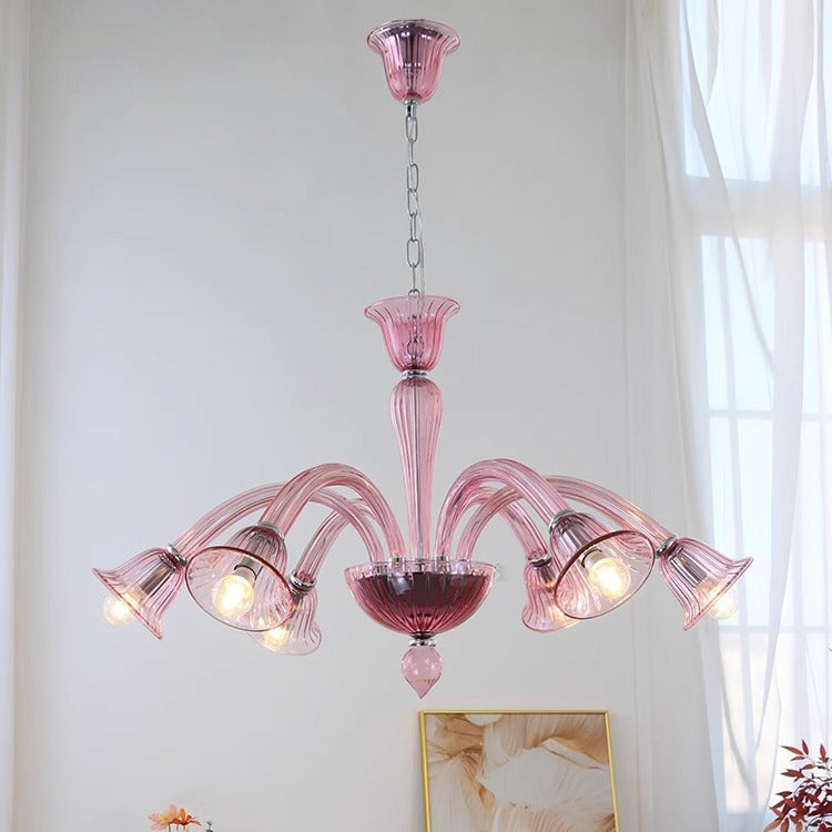 Traditional French Glass &amp; Iron Trumpet Branch 6-Light Chandelier For Living Room &amp; Bedroom