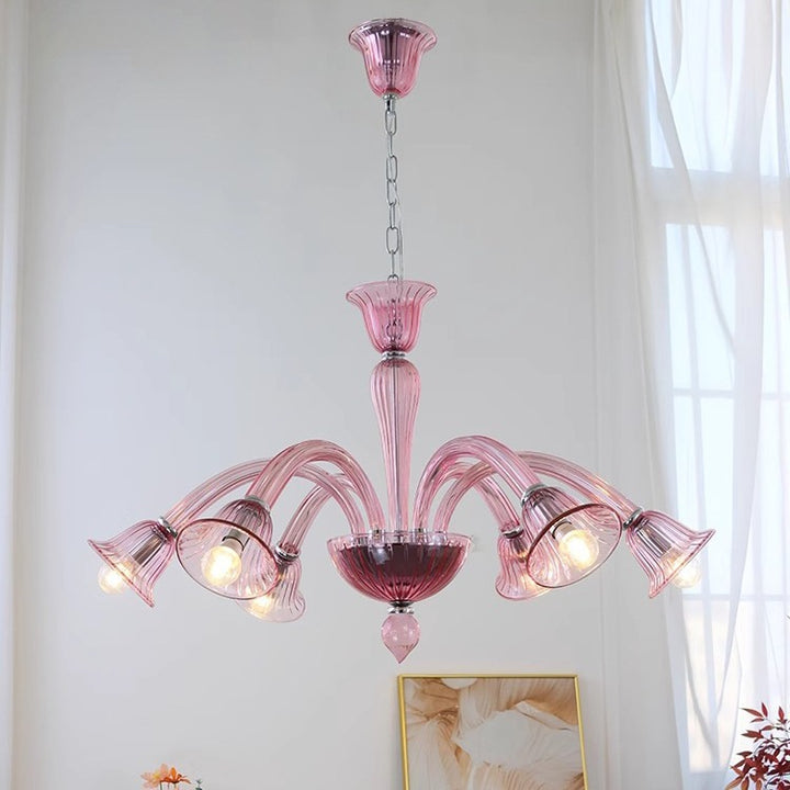 Traditional French Glass &amp; Iron Trumpet Branch 6-Light Chandelier For Living Room &amp; Bedroom