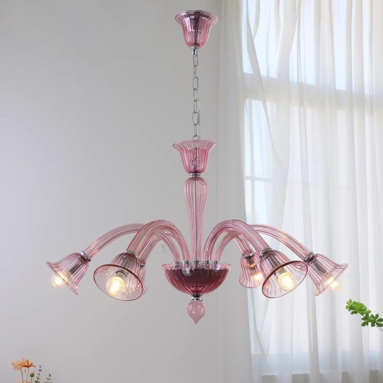 Traditional French Glass &amp; Iron Trumpet Branch 6-Light Chandelier For Living Room &amp; Bedroom