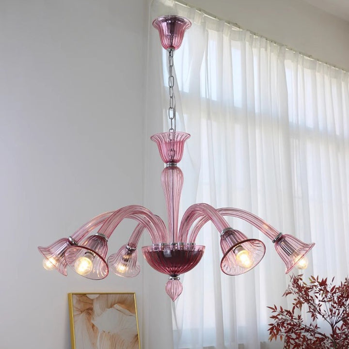Traditional French Glass &amp; Iron Trumpet Branch 6-Light Chandelier For Living Room &amp; Bedroom